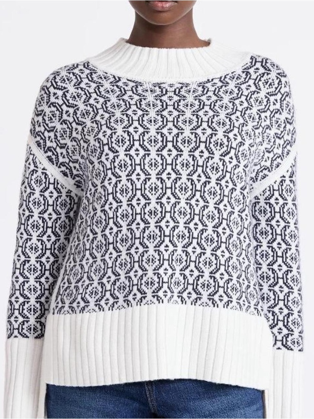 White and Black Patterned Crewneck Sweater - Women
